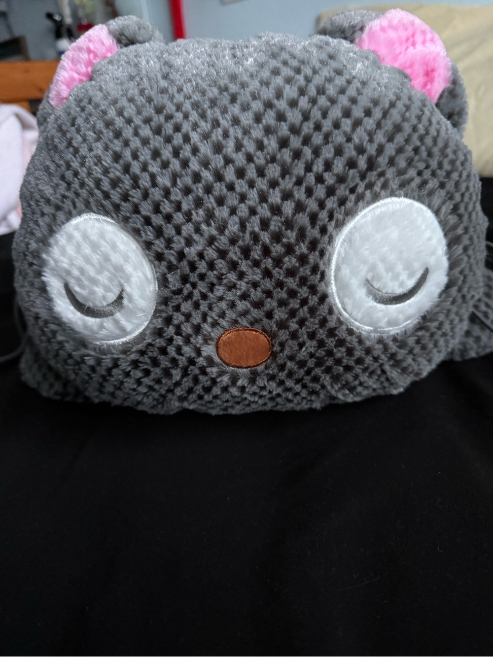 Kids Plush Animal Pouch - Gray with Pink Ears